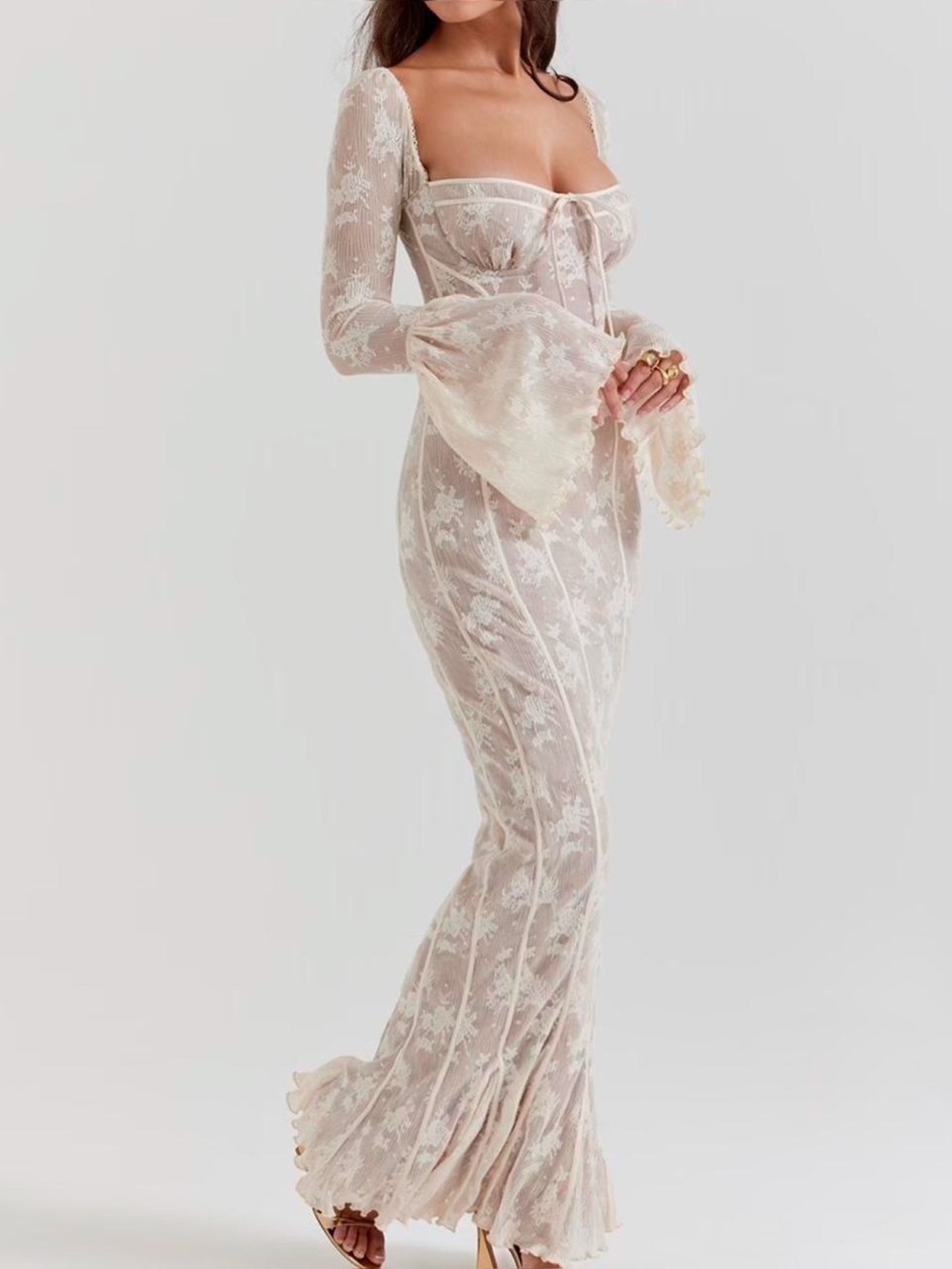 House of CB Delilah Size XS Regular cup Blush Lace Long-Sleeve Maxi Dress